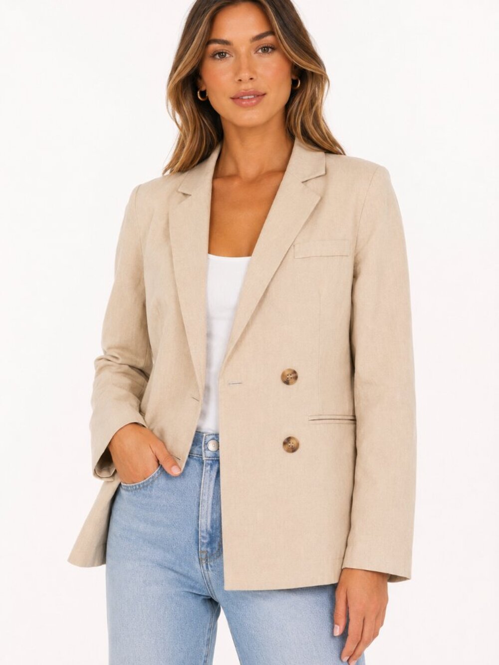 HEARTLOOM Linen Cotton Blend Double Breasted Blazer Jacket Beige Tan Size Medium